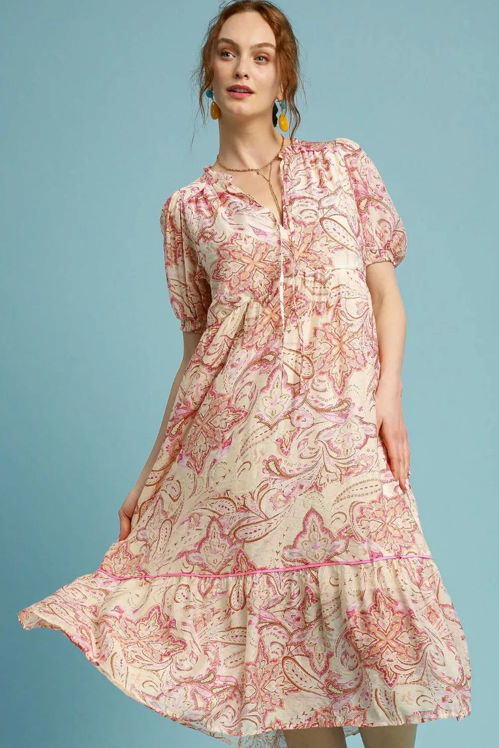 Full Size Printed Puff Short Sleeve Midi Dress Plus Size - Pink Mix