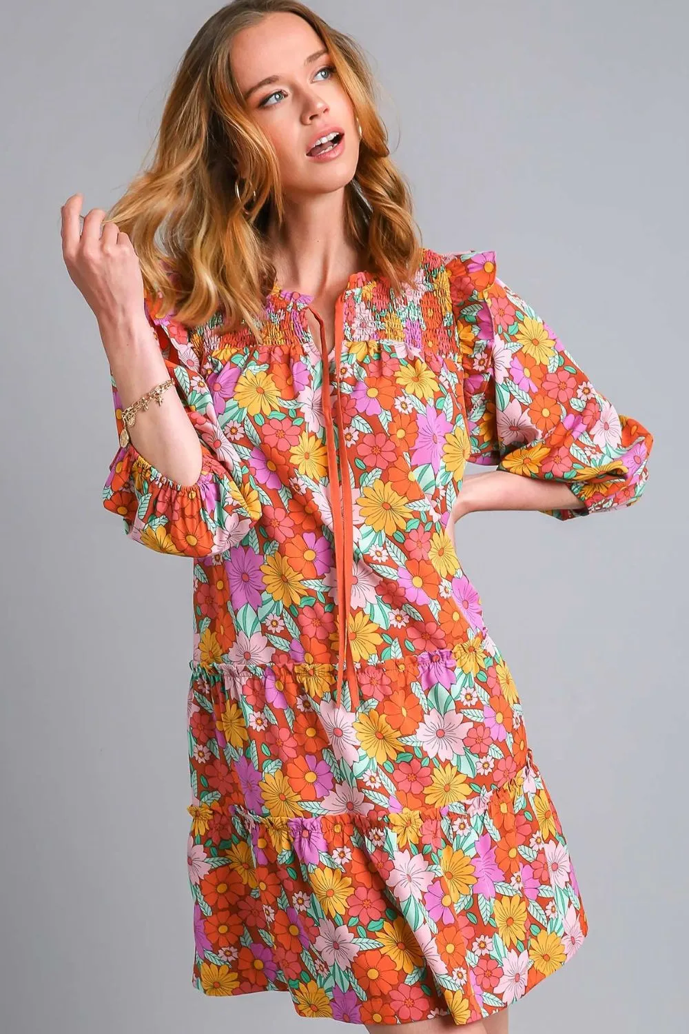 Full Size Ruffled Flower Print Tie Neck Tiered Dress Plus Size - Brown Mix
