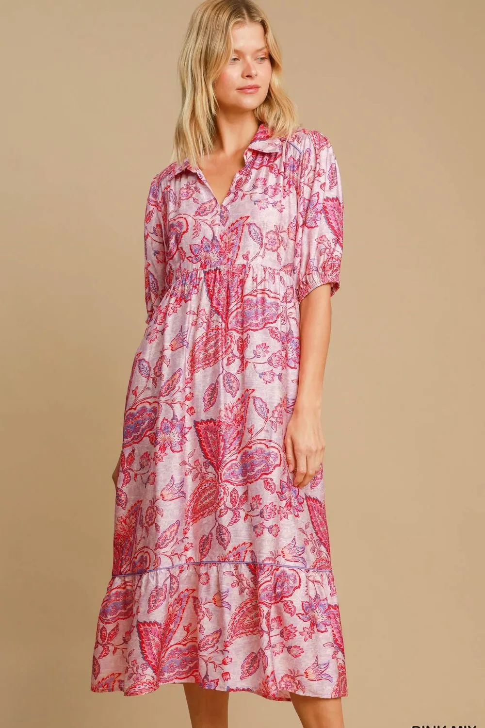 Full Size Ruffled Hem Floral Paisley Print Half Sleeve Midi Dress Plus Size - Pink Mix