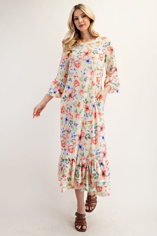 Full Size Soft Floral Ruffle Trim Dress Plus Size - Yellow Floral