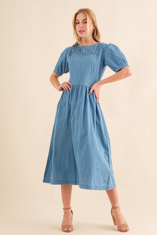 Full Size Washed Chambray Midi Dress Plus Size - Denim Blue