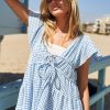 Jacquard V-Neck Flutter Cap Sleeve Tiered Dress - Azure