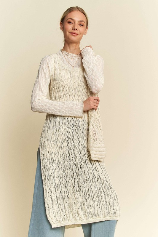 Knit Side Slit Round Neck Sleeveless Dress & Bag - Beige