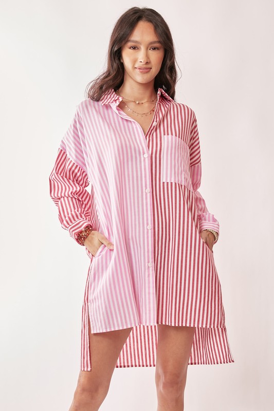 Multi Color Stripe Mixed Button Front Tunic Shirt Dress - Red Multi