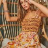 Multi Smocked Bodice Geo Ruffle Strappy Midi Dress - Orange Tan