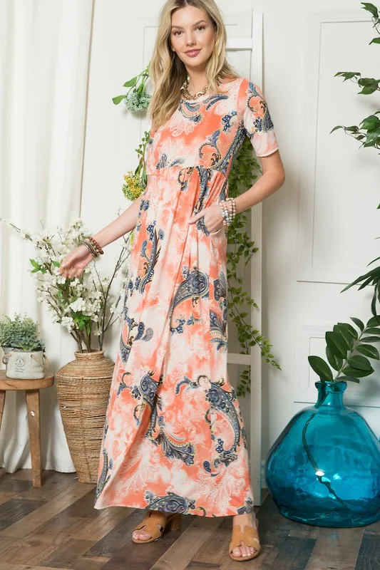 Paisley Print Short Sleeve Maxi Dress with Pockets -  Orange Paisley