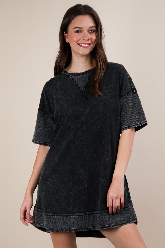 Plus Size Mineral Washed Comfy Casual Knit Mini Dress - Black