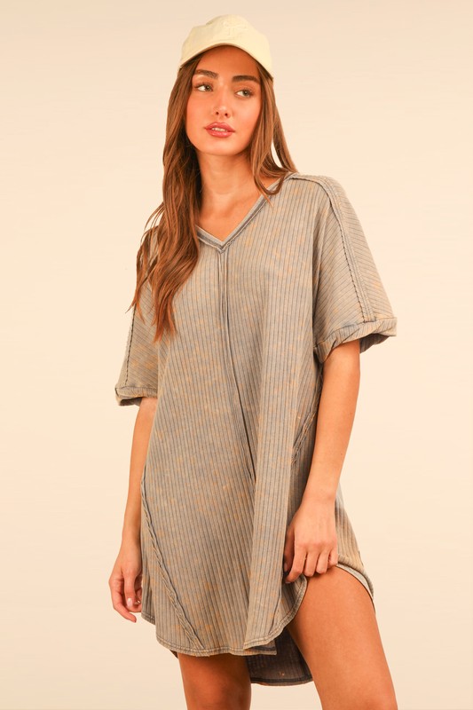 Plus Size Mineral Washed Ribbed Knit Mini Dress - Denim