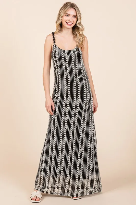 Plus Size Striped Scoop Neck Beaded Strap Maxi Cami Dress - Black