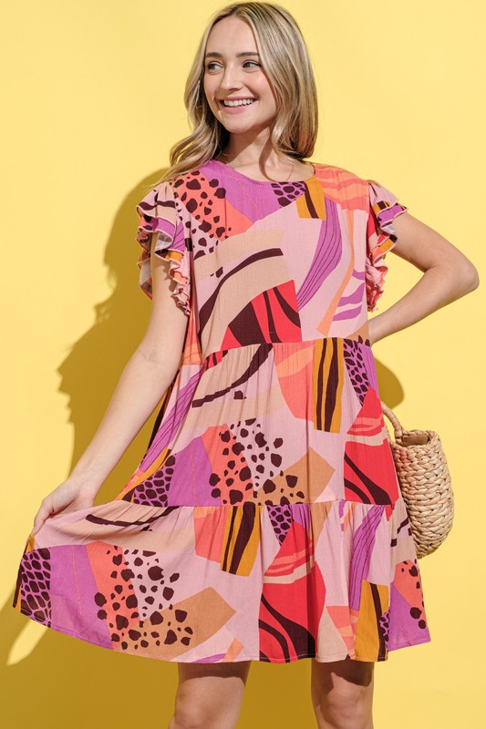 Printed Double Ruffles Sleeve Dress - Mauve