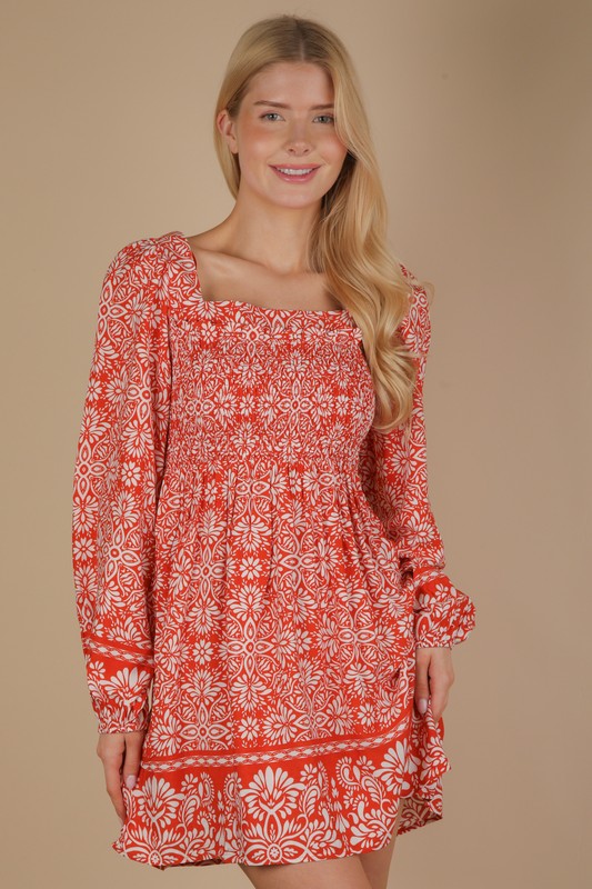 Printed Smocked Chest Boho Mini Dress - Rust