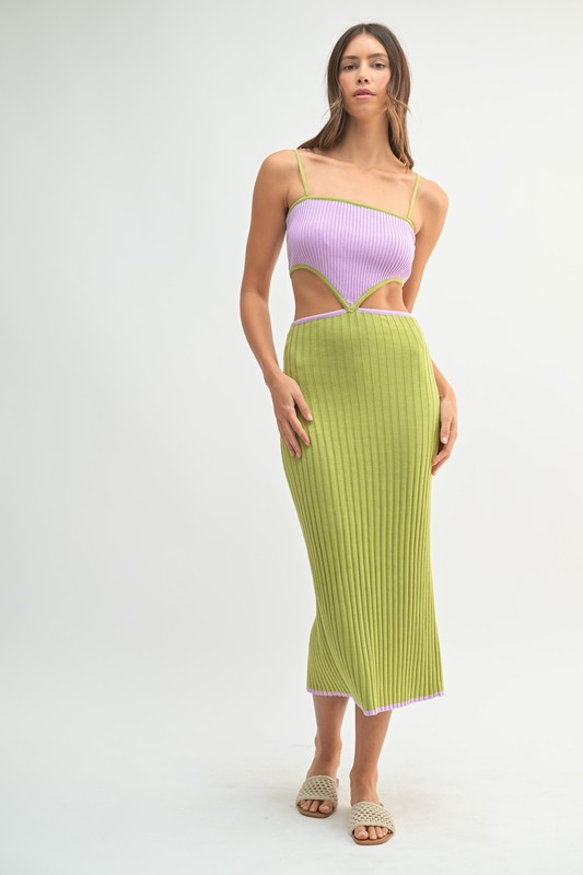 Ribbed Knit Color Block Cutout Midi Dress - Lime