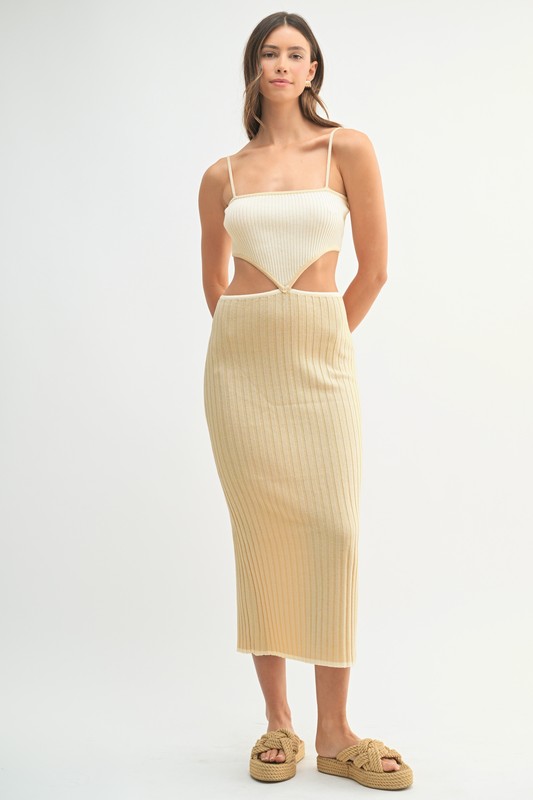 Ribbed Knit Color Block Cutout Midi Dress - Lt Taupe
