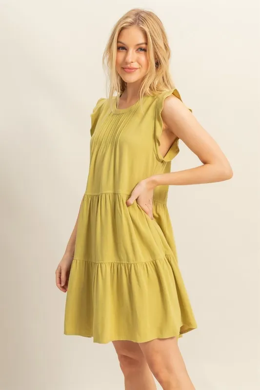 Round Neck Ruffle Sleeve Tiered Dress - Chartreuse