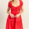 Ruched Frill Tiered Short Sleeve Mini Dress - Red