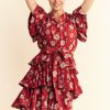 Ruffle Flutter Sleeve Tie Belt Tiered Mini Dress - Orange Rust