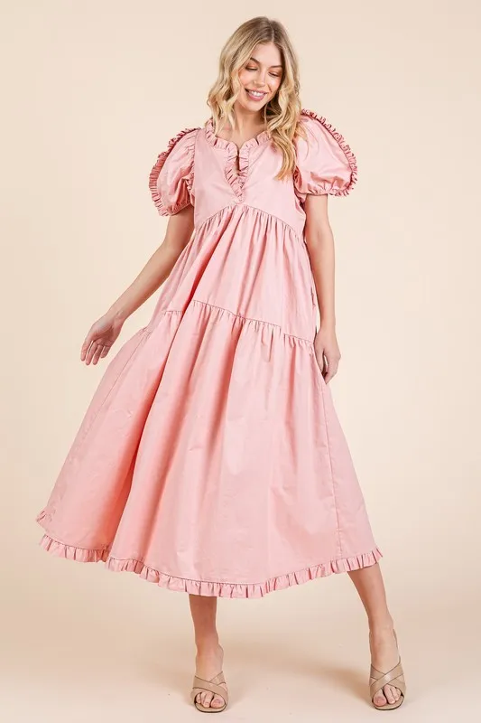 Ruffle Trim Puff Sleeve Tiered Babydoll Midi Dress - Blush Pink