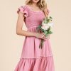 Ruffle Trim Smocked Dress with Contrast - Dusty Pink