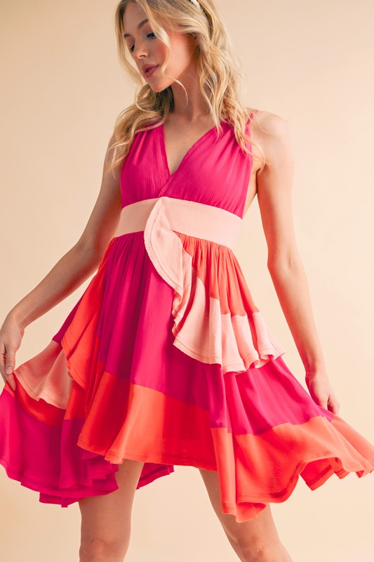 Ruffled Color Block Sleeveless Mini Dress - Pink Combo