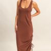 Scoop Neck Side Tie Detail Midi Dress - Chestnut