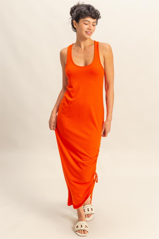 Scoop Neck Side Tie Detail Midi Dress - Tomato