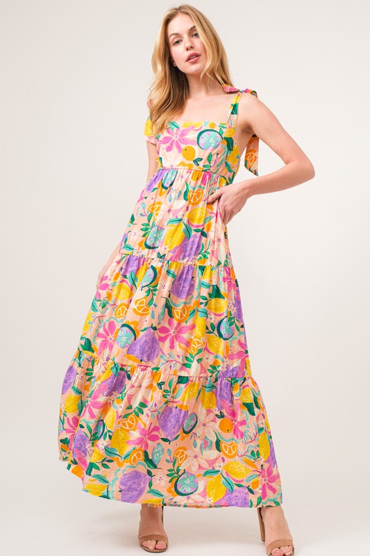 Shoulder Strap Tropical Fruit Printed Tiered Maxi Dress - Multi