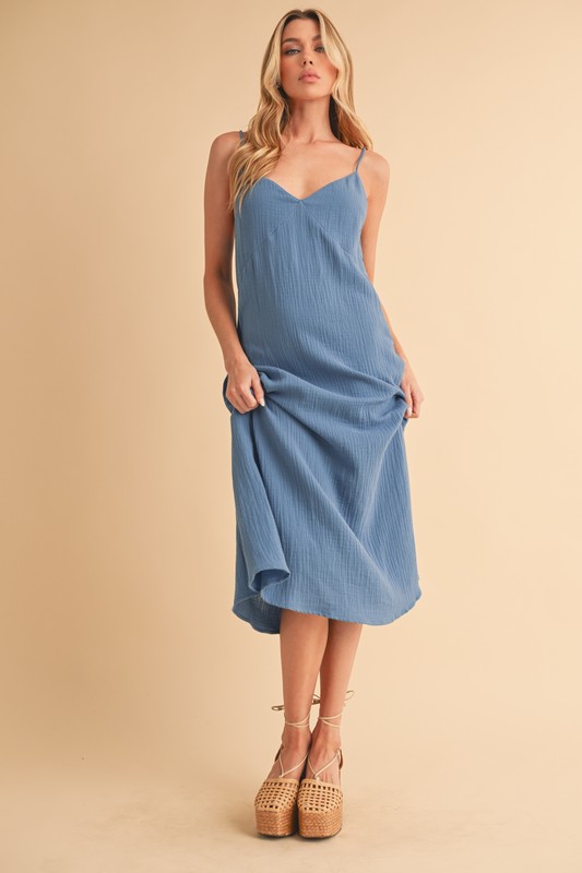 Side Button Midi Cami Dress - Azure
