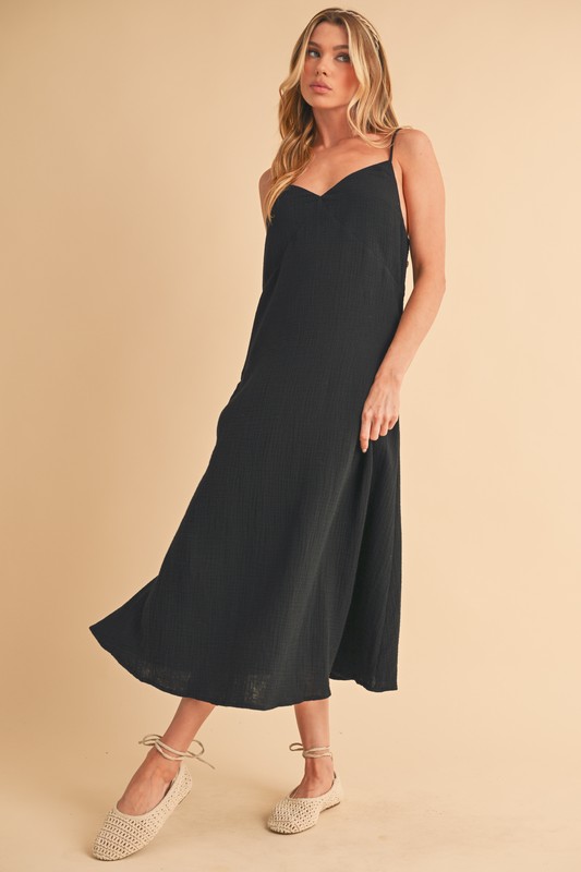 Side Button Midi Cami Dress - Black