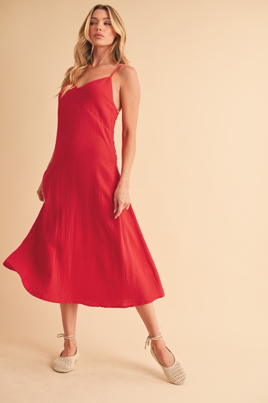 Side Button Midi Cami Dress - Red