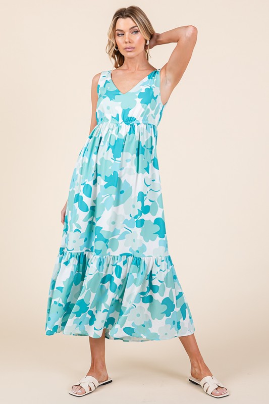 Sleeveless Floral Print V-Neck Midi Dress - Sea Foam