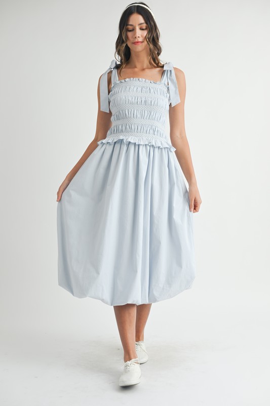 Smocked Bodice Bubble Midi Dress - Lt Blue