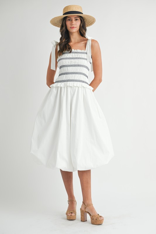 Smocked Bodice Bubble Midi Dress - Off White