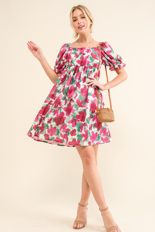 Smocked Floral Ruffle Short Sleeve Mini Dress - Fuchsia