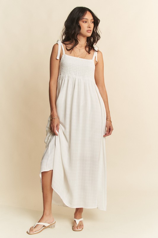 Smocked Sleeveless Maxi Cami Dress - White