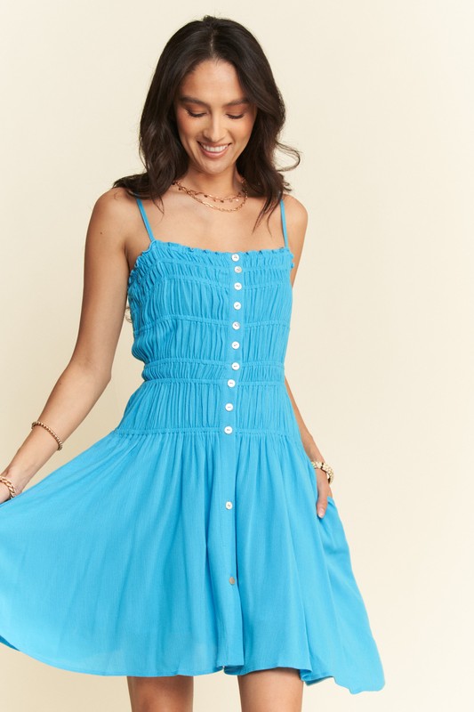 Smocking Bodice Sleeveless Button Down Mini Dress - Azure