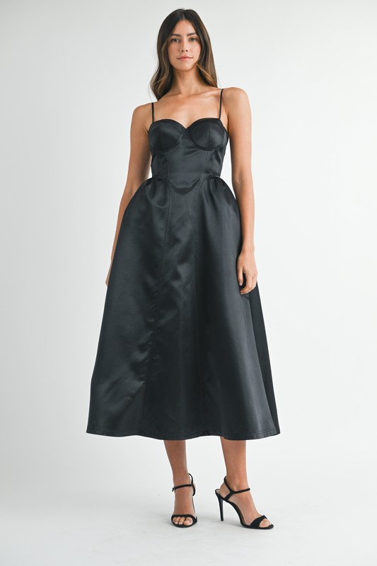 Solid Taffeta Spaghetti Strap Bustier Midi Dress - Black