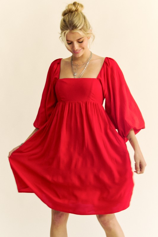 Solid Textured Fabric Puff Sleeve Tie Back Dress - Red