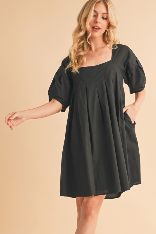 Square Neck Babydoll Dress with Pockets - Black