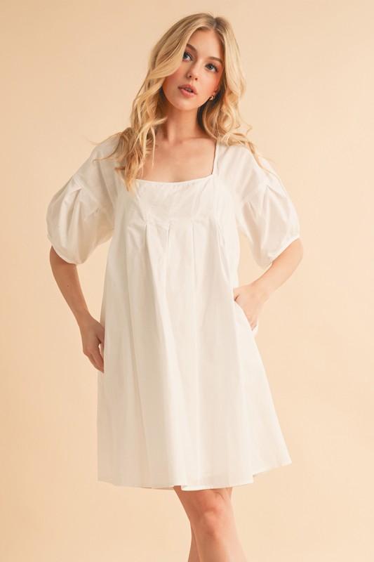 Square Neck Babydoll Dress with Pockets - White