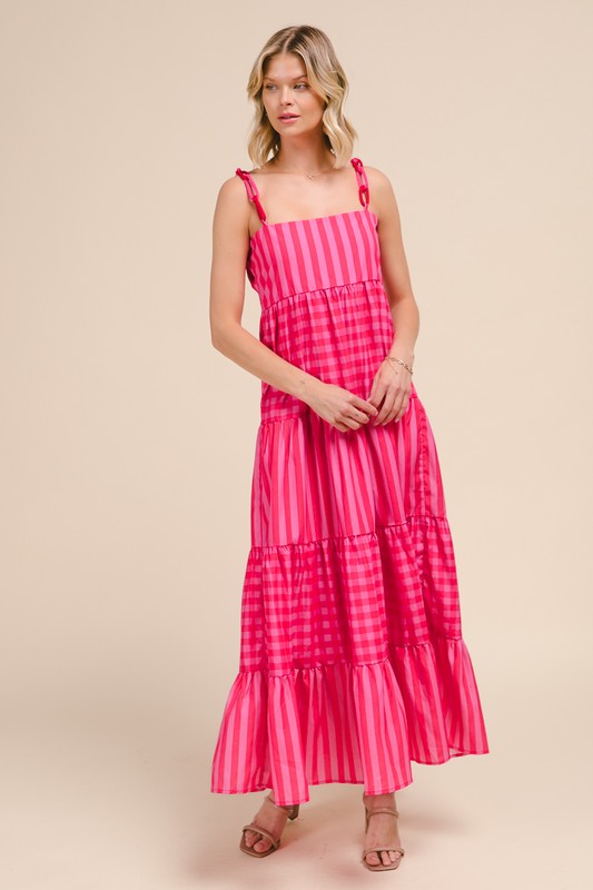 Stripe Tiered Maxi Dress with Colorful Chain Strap - Pink/Red