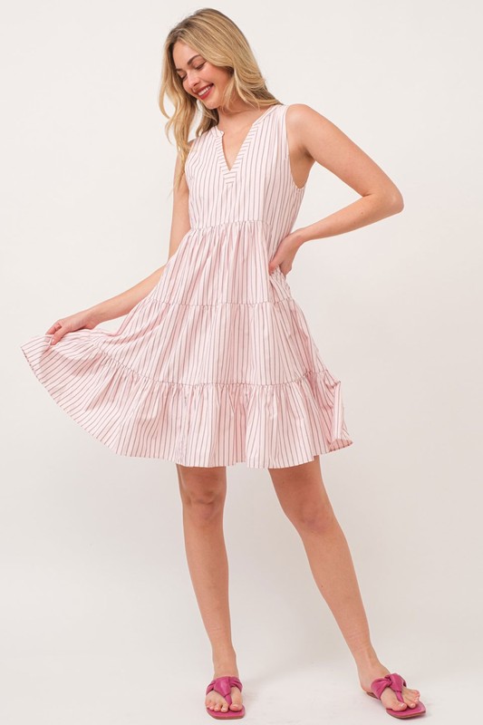 Striped Sleeveless V-Neck Tiered Dress - Pink