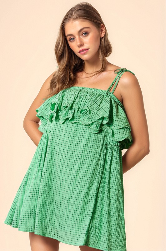 Textured Jacquard Checker Fabric Ruffled Dress - Ibiza Green
