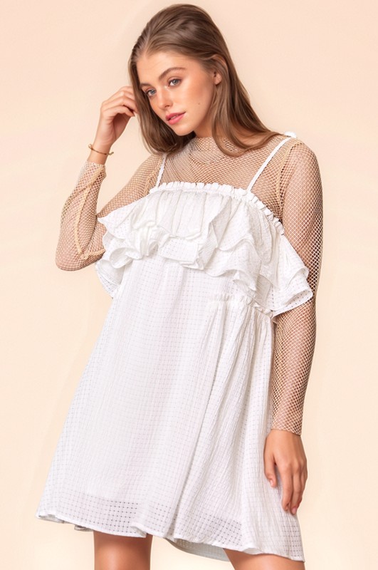 Textured Jacquard Checker Fabric Ruffled Dress - White