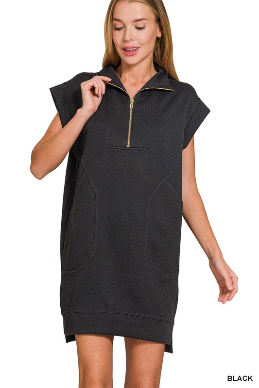 Textured Knit Jacquard Quarter Zipper Mini Dress - Black