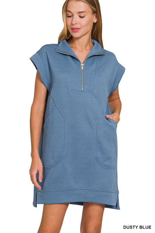 Textured Knit Jacquard Quarter Zipper Mini Dress - Dusty Blue