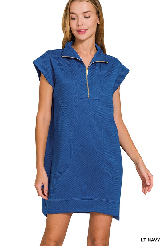 Textured Knit Jacquard Quarter Zipper Mini Dress - Lt Navy