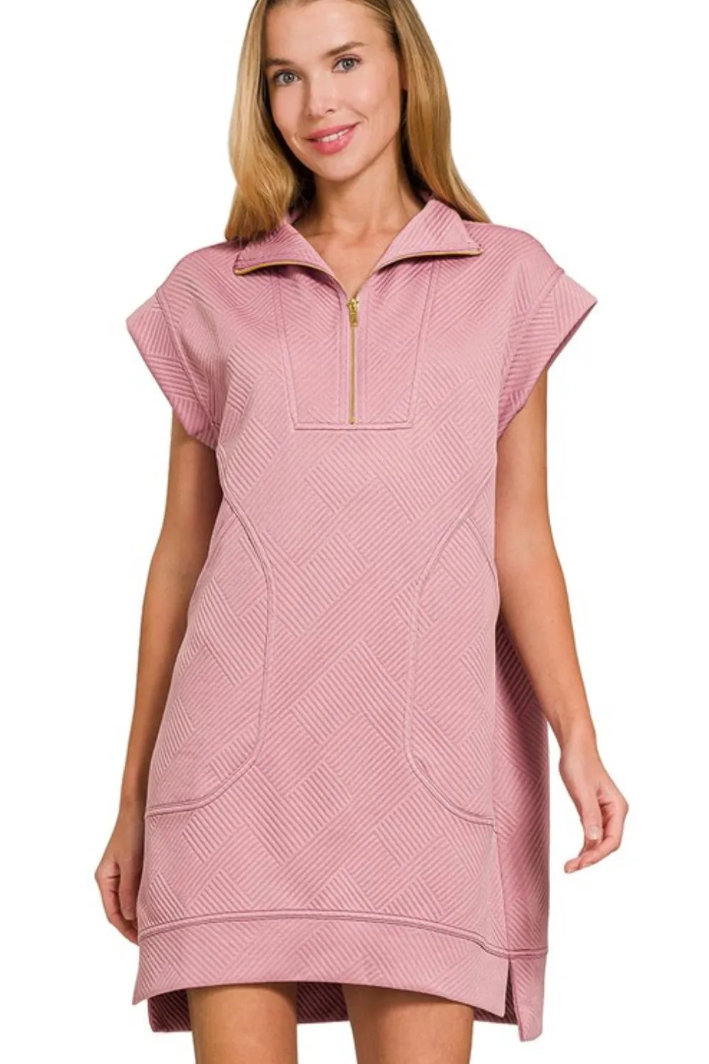 Textured Knit Jacquard Quarter Zipper Mini Dress - Lt Rose