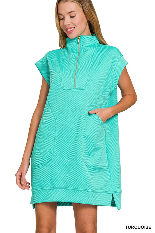 Textured Knit Jacquard Quarter Zipper Mini Dress - Turquoise