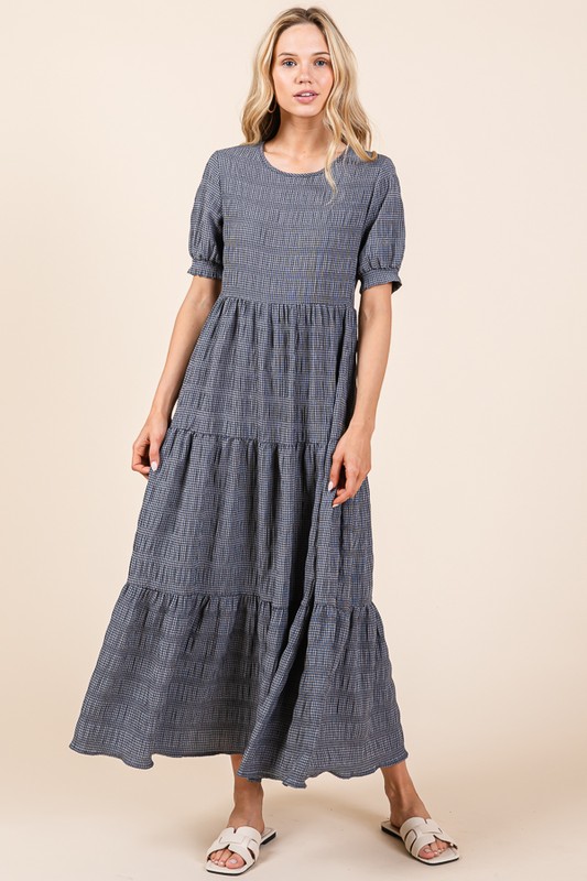 Textured Short Sleeve Tiered Dress - Charcoal