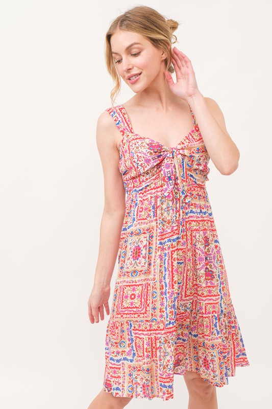 Tied Front Smocked Back Tiered Boho Printed Dress - Red Multi